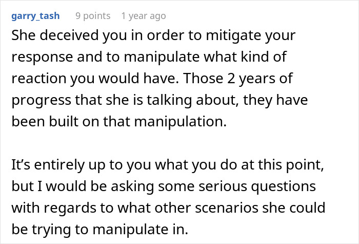 Comment discussing a man discovering his wife’s cheating was more than one drunken night, focusing on manipulation and trust issues.