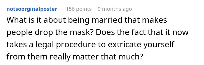 Screenshot of a Reddit comment discussing marriage, with emphasis on personal authenticity and legal separation.