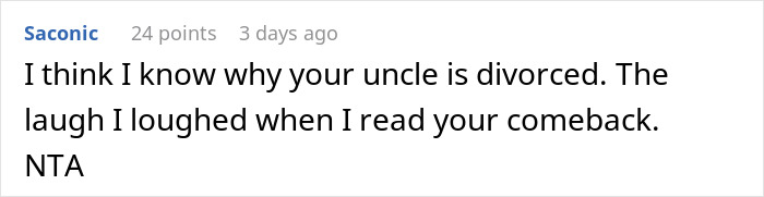 Commenter expressing amusement at a nephew shaming long hair and cooking, mentioning a bald and divorced man conflict. Commenter expressing amusement at a nephew shaming long hair and cooking, mentioning a bald and divorced man conflict.