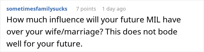 Comment on social media post discussing mother dictating wedding attire and groom refusing marriage, highlighting future mother-in-law influence concerns.