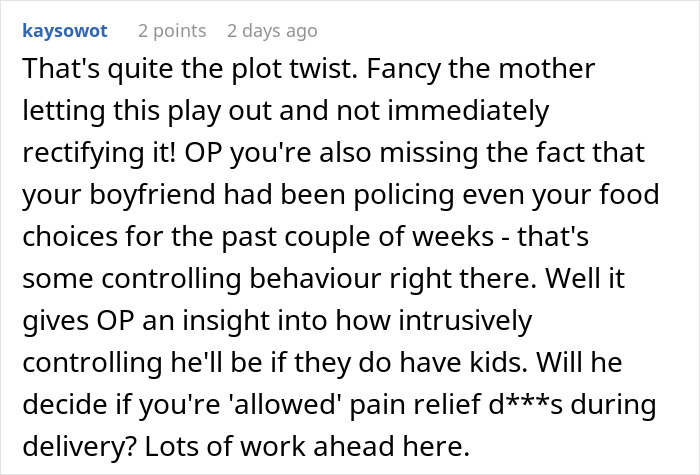 Commenter discussing controlling behavior from boyfriend after assuming fiancée is pregnant, causing shock and humiliation. Commenter discussing controlling behavior from boyfriend after assuming fiancée is pregnant, causing shock and humiliation.