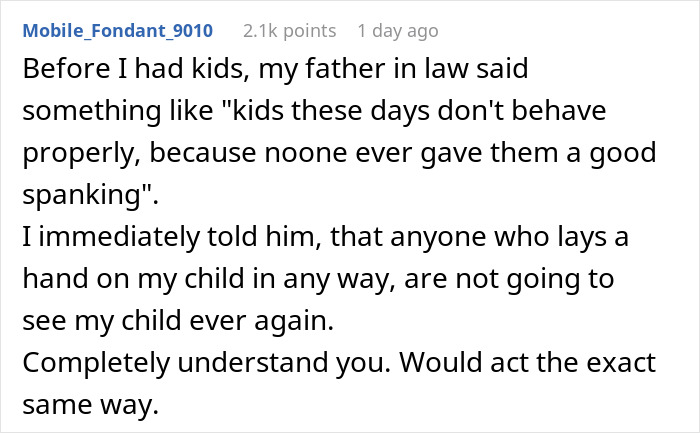 Comment showing a parent's reaction to grandparents spanking a 3YO and banning them from seeing her again.