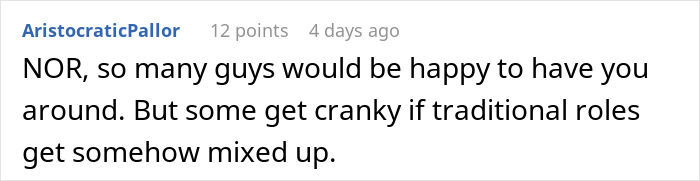 Comment about a woman ready to dump her boyfriend because he feels emasculated when she fixes things, highlighting relationship dynamics. Comment about a woman ready to dump her boyfriend because he feels emasculated when she fixes things, highlighting relationship dynamics.