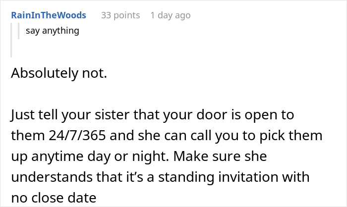 Comment discussing a worried woman supporting her sister who became a tradwife by keeping an open invitation for help. Comment discussing a worried woman supporting her sister who became a tradwife by keeping an open invitation for help.
