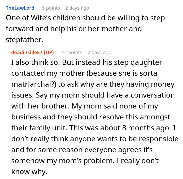 Reddit conversation about an entitled uncle expecting his niece to be his retirement plan and family money issues.