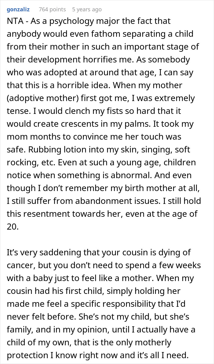 Text post discussing psychological impact of separating a child from mother and cousin with cancer wanting to borrow baby to experience motherhood Text post discussing psychological impact of separating a child from mother and cousin with cancer wanting to borrow baby to experience motherhood