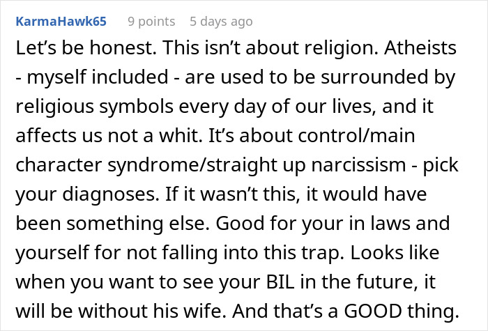 Alt text: Online comment discussing atheism and the impact of religious symbols on beliefs and family dynamics.