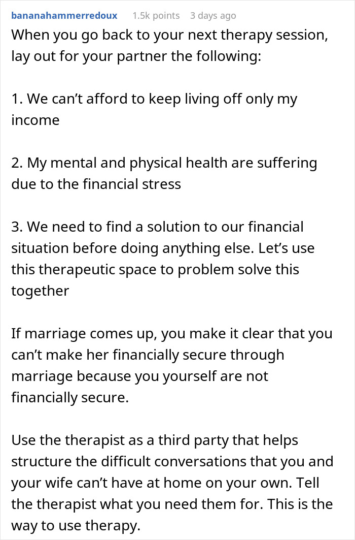 Reddit screenshot of therapy advice text; man feels like his GF's ATM after she quit her job and demands marriage Reddit screenshot of therapy advice text; man feels like his GF's ATM after she quit her job and demands marriage