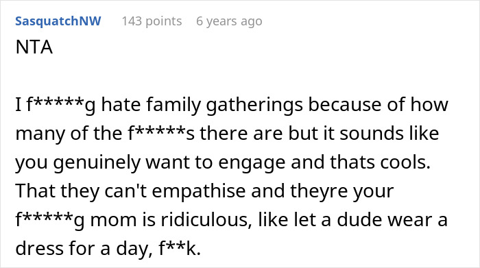 Screenshot of a forum comment discussing family tensions and frustration about being excluded from girl days due to immaturity. Screenshot of a forum comment discussing family tensions and frustration about being excluded from girl days due to immaturity.