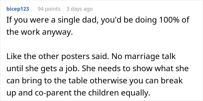 Reddit comment screenshot advising no marriage until she gets a job, man feels like his GF's ATM and should set boundaries Reddit comment screenshot advising no marriage until she gets a job, man feels like his GF's ATM and should set boundaries