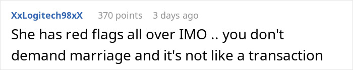 Screenshot of Reddit comment about GF's ATM; commenter warns 'she has red flags' and says you don't demand marriage. Screenshot of Reddit comment about GF's ATM; commenter warns 'she has red flags' and says you don't demand marriage.