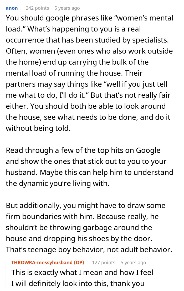 Text conversation discussing women's mental load and a husband&rsquo;s messy behavior affecting household cleaning and responsibilities.