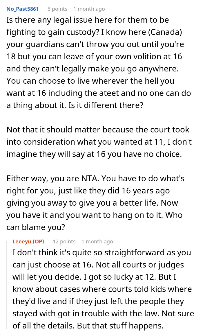 Reddit discussion about teen custody legal issues, refusal to live with bio parents, and court decisions on living arrangements.
