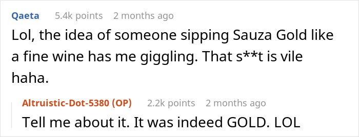 Screenshot of a Reddit conversation where a woman exposes her husband's family as lying snobs with a simple switch.