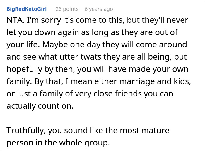 Comment on forum discussing guy furious after family refuses to include him in girl days, reflecting on maturity and growth.