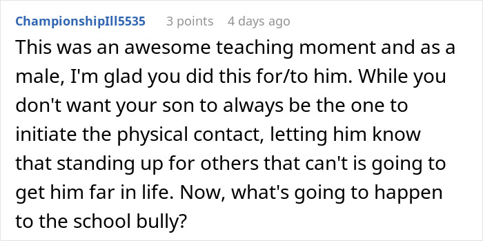 Dad takes son out to celebrate after son punches a school bully, sparking debate over parenting choices. Dad takes son out to celebrate after son punches a school bully, sparking debate over parenting choices.
