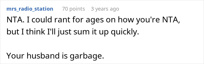 Screenshot of an online comment calling a husband garbage after he laughed when man called daughter-in-law fat. Screenshot of an online comment calling a husband garbage after he laughed when man called daughter-in-law fat.