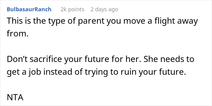 Comment on forum about woman who hasn&rsquo;t worked since 2006 demanding child drop out of college to pay bills.