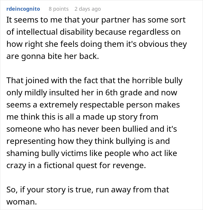 Alt text: Text discussing a fiancée’s obsession with her bully and the complexities of bullying and relationships. Alt text: Text discussing a fiancée’s obsession with her bully and the complexities of bullying and relationships.
