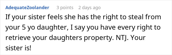 Comment discussing a woman stealing a 5-year-old niece&rsquo;s skirt and the justification for retrieving the child&rsquo;s property.
