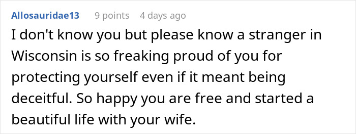 Comment praising a teen forced to marry a 32-year-old for protecting herself and starting a new life with her wife.