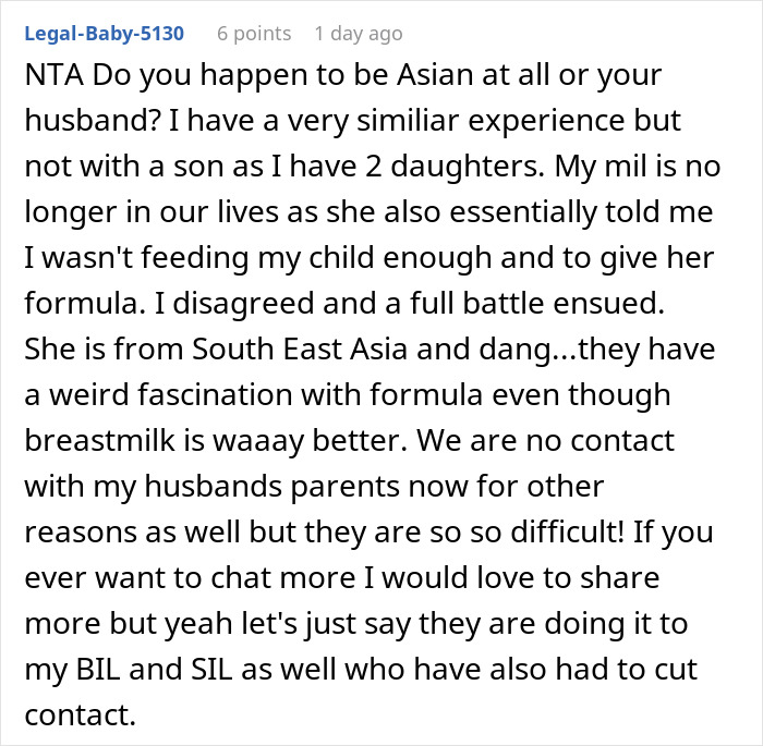 Reddit comment screenshot about MIL pushing formula, mom takes her baby and storms off over feeding dispute Reddit comment screenshot about MIL pushing formula, mom takes her baby and storms off over feeding dispute