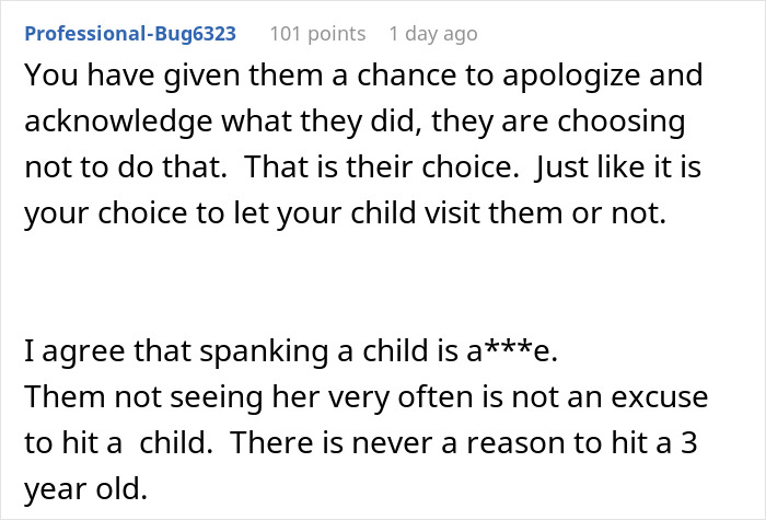 Reddit comment criticizing grandparents spanking 3YO to teach lesson, parents banning them from seeing child again discussion.