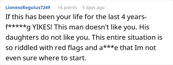 Screenshot of an online comment discussing a woman's challenging relationship with her stepdaughters and husband.