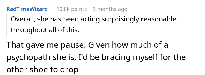Commenter sharing thoughts on a wife's unexpected reasonable behavior despite challenging circumstances.