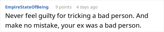 Text from a forum post about not feeling guilty for tricking a bad person, related to a teen forced to marry a 32-year-old and planning for divorce. Text from a forum post about not feeling guilty for tricking a bad person, related to a teen forced to marry a 32-year-old and planning for divorce.