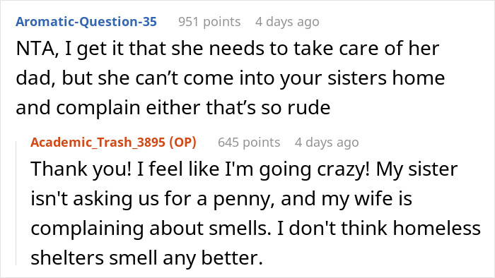 Screenshot of online comments discussing a woman complaining about her sister-in-law despite staying with her for free.