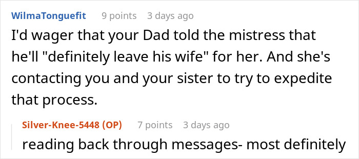 Text conversation screenshot showing discussion about dad’s mistress contacting his adult daughter and proof of months-long affair. Text conversation screenshot showing discussion about dad’s mistress contacting his adult daughter and proof of months-long affair.