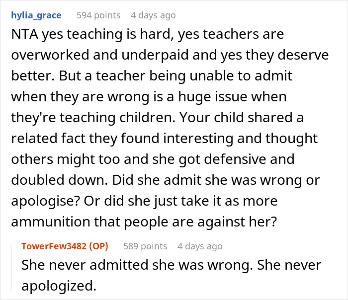Online discussion about a teacher who refused to admit being wrong after a kid shared a fun fact.