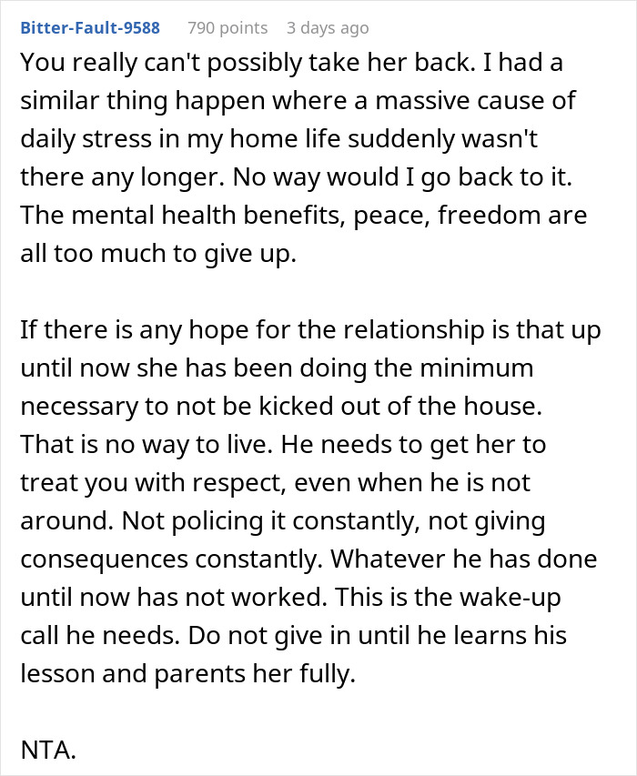 Comment discussing a woman who snaps and kicks her fianc&eacute; and stepdaughter out, deciding not to take them back.