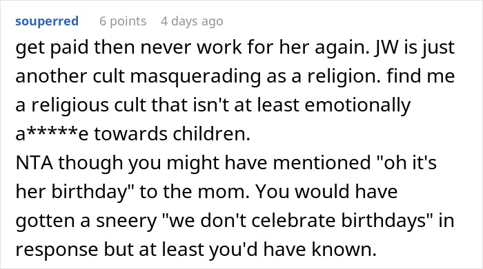 Comment discussing a babysitter giving a birthday gift and the mother&rsquo;s furious reaction in an online forum post.