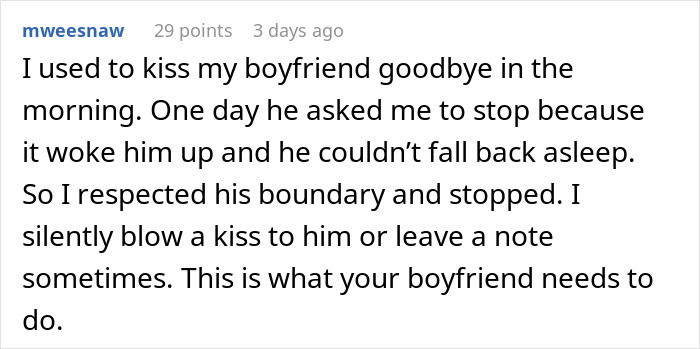 Text post describing a girlfriend annoyed by her boyfriend’s lovey-dovey morning kisses and I love yous.