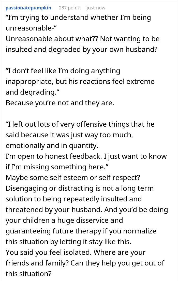 Comment text discussing a toxic guy disrespecting his wife's autonomy and acting crazy when she asserts herself.