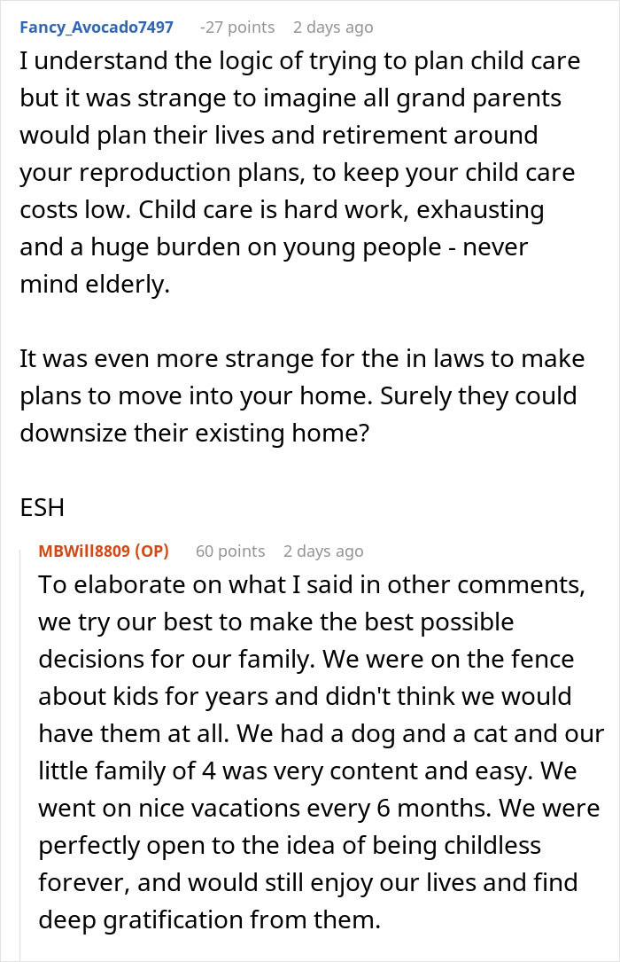 Reddit comments discussing in-laws refusing to help with childcare and then wanting to move in unexpectedly.