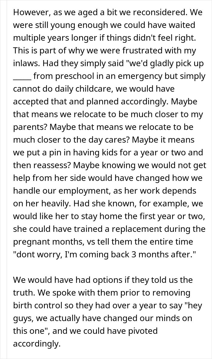 Text discussing frustration with in-laws refusing childcare help and their later desire to move in unexpectedly.