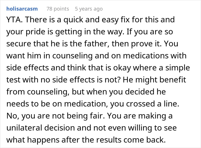 Comment discussing a man demanding a paternity test for his 3-year-old son and rejecting therapy instead. Comment discussing a man demanding a paternity test for his 3-year-old son and rejecting therapy instead.