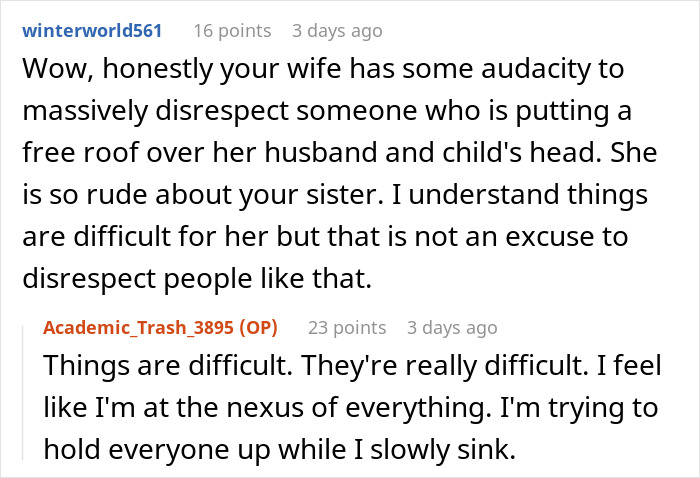 Reddit user criticizes woman for complaining about sister-in-law despite free accommodation, causing hubby annoyance.