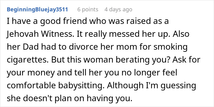 Text of a social media comment discussing a babysitter and a mother, reflecting conflict and advice about babysitting and payment.