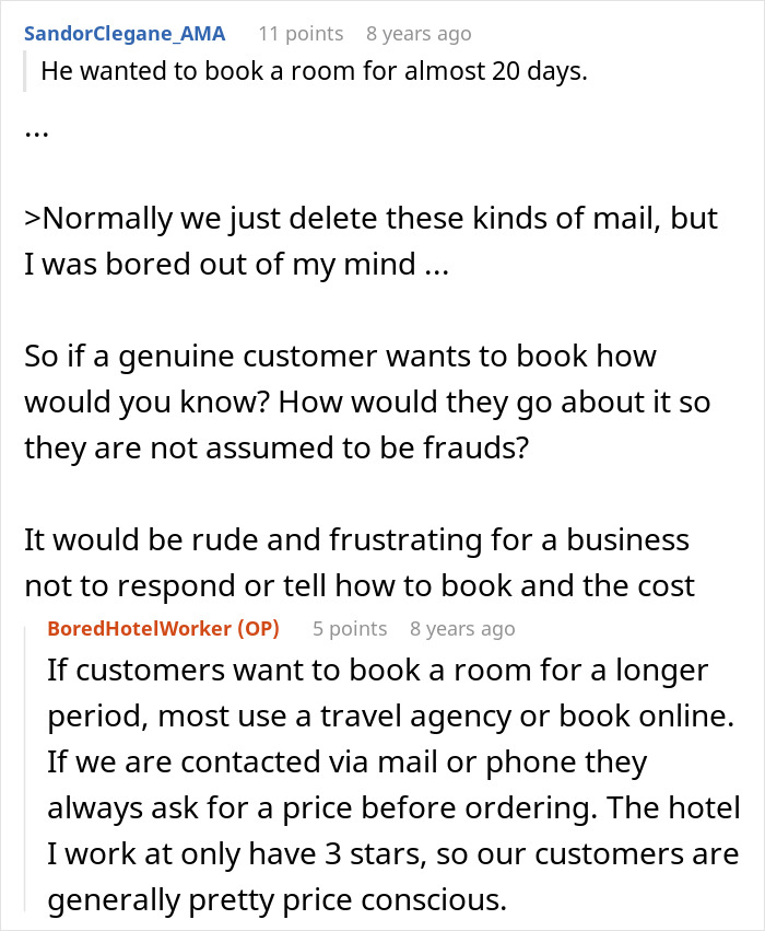 Screenshot of a Reddit conversation where a hotel receptionist explains booking procedures to avoid scams and fraud attempts.