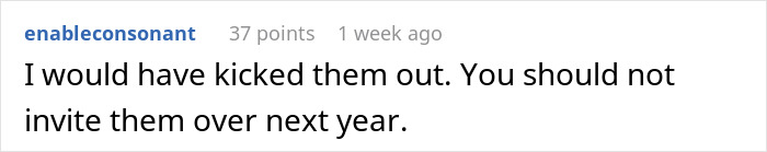 Text comment on a social platform stating disapproval and advice about excluding chauvinist family members next year in family drama context. Text comment on a social platform stating disapproval and advice about excluding chauvinist family members next year in family drama context.