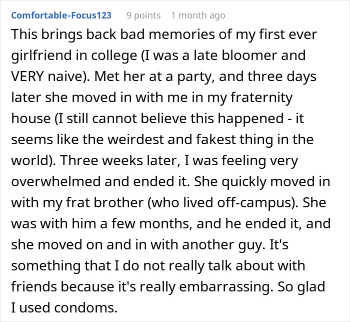 Comment about a guy suspecting his girlfriend cheating with his roommate, sharing a personal story of betrayal and moving on.