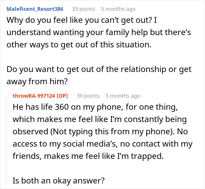 Screenshot of an online conversation discussing a 25-year-old mom feeling trapped and controlled by her 52-year-old partner.