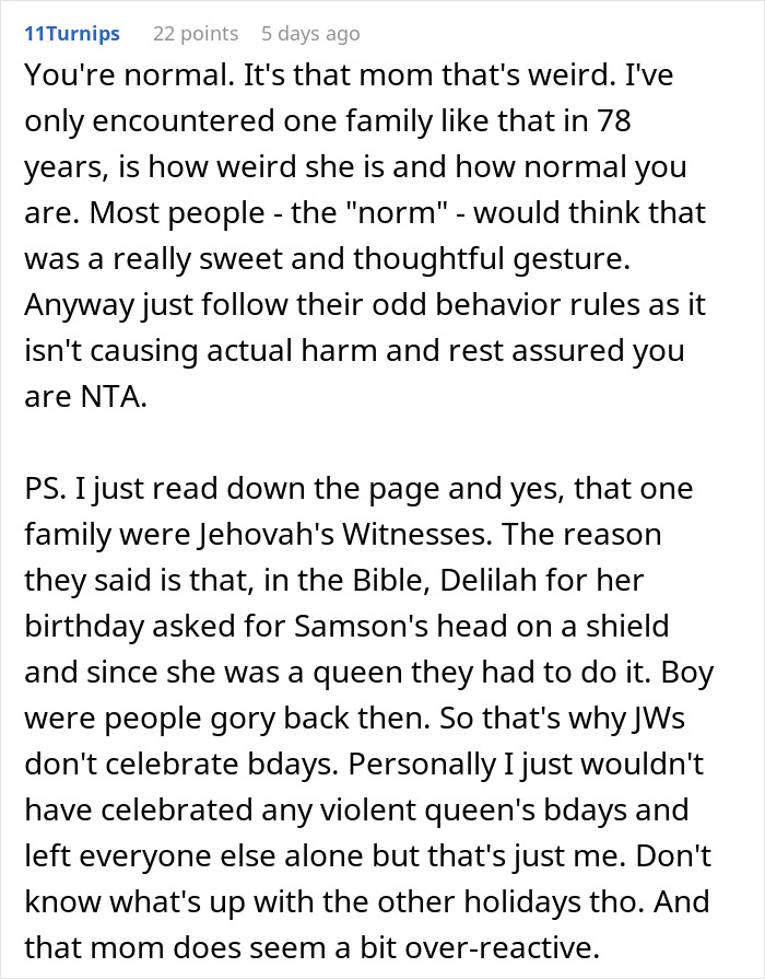 Comment discussing a babysitter giving a birthday gift and a mother&rsquo;s furious reaction over family behavior rules.