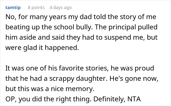 Comment about dad proud of son beating a bully, celebrating despite ex wife thinking it's a bad idea.