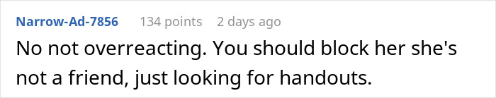 Comment text on a forum screen, discussing blocking a new friend who only seeks handouts and is not truly a friend.