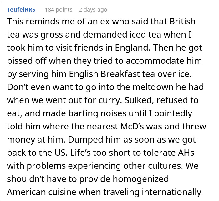 Comment about guy making faces and throwing fit after getting traditional gross food instead of American dishes.